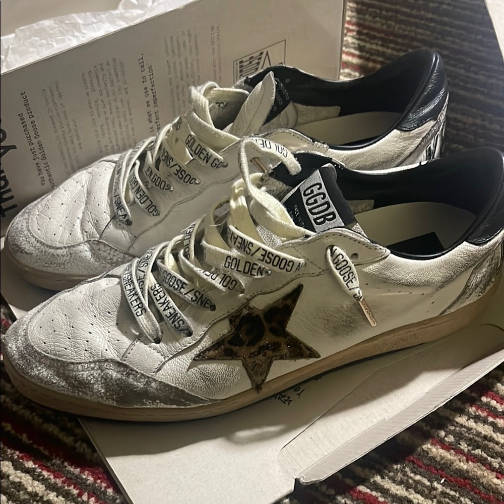 Golden Goose white and black Leather Sneakers with Leopard Star and Black Heel